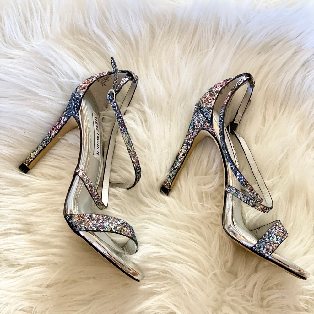 Steve Madden Silver Glitter Strap Heel - Picture 1 of 5